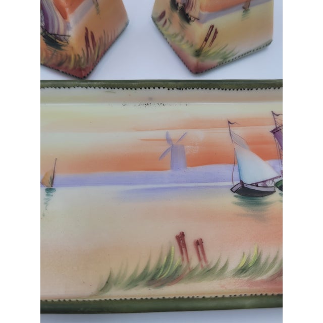 Antique Hand-Painted Nippon Porcelain Sailboat Scenic Salt & Pepper Set With Tray - 3 Pieces For Sale In Mobile - Image 6 of 12