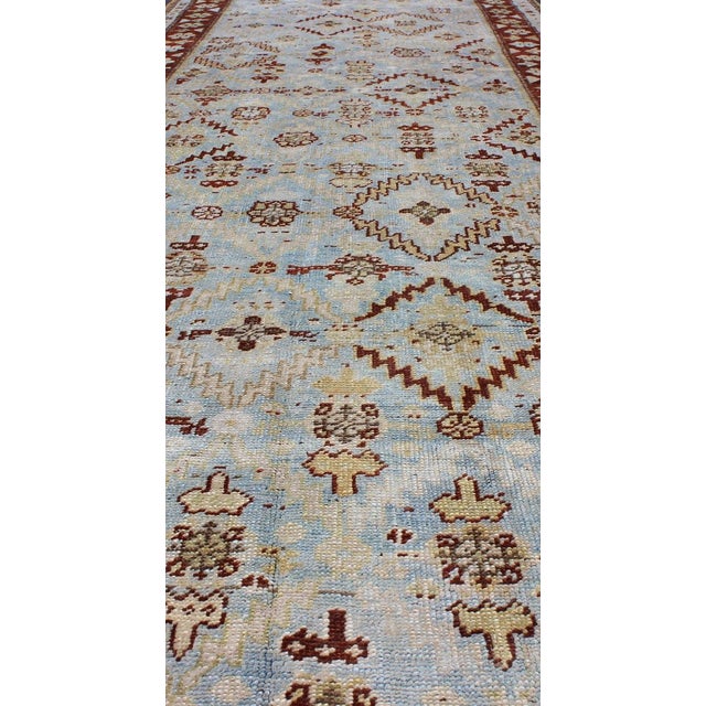 Textile Ox Red and Ice Blue Antique Persian Malayer Runner With All-Over Geometrics 3'3 X 13'2 For Sale - Image 7 of 11
