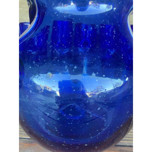 Glass Vintage Spanish Revival Hand-Blown Seeded Cobalt Blue Pinched Dimple Glass Pitcher & Tumbler Set - 8 Pieces For Sale - Image 7 of 8