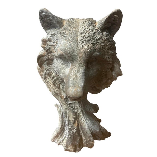 Rustic Vintage Cast Iron Wolf Bust Garden Statue For Sale - Image 3 of 12