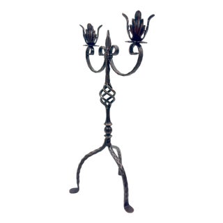 Hand Forged Iron Candelabra 25″ (63cm) Antique Copper Finish 2-Arm Royal Fleur-de-Lis Mantel Centerpiece For Sale