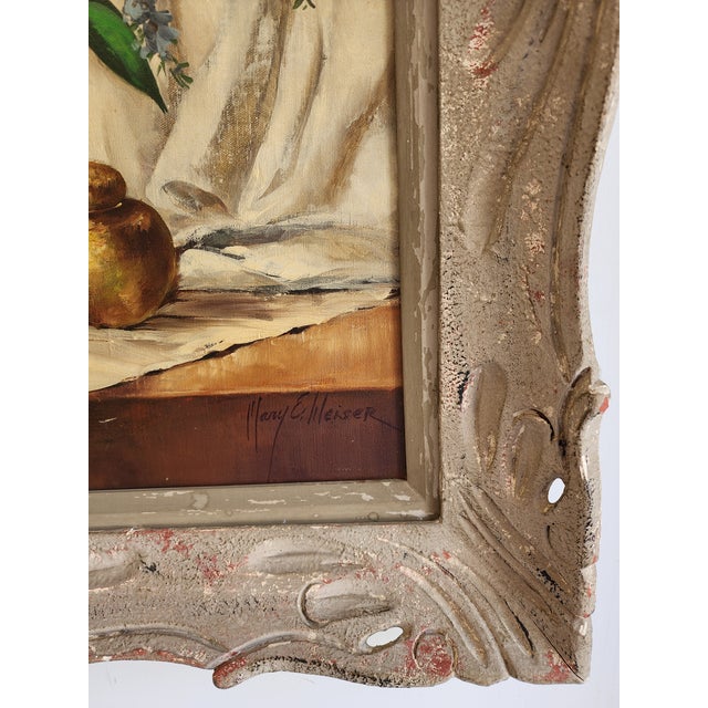 Mid Century Floral Still Life Oil Painting in Period Carved Frame For Sale - Image 13 of 16