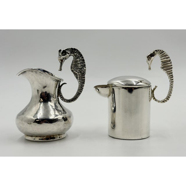 1950s Los Castillo Taxco Seahorse Silver Plate Creamer & Sugar Set For Sale - Image 9 of 18