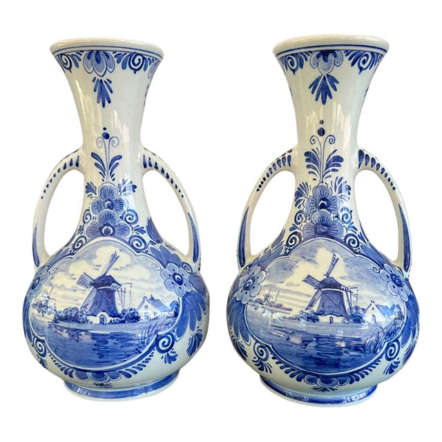 Pair Petite Vintage Delft Vases Blue & White Windmilll Hand Painted Bud Vases For Sale