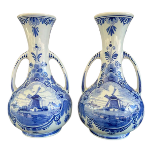 Pair Petite Vintage Delft Vases Blue & White Windmilll Hand Painted Bud Vases