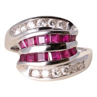 Vintage 18k Wg 1 Carat Ruby and Diamond Channel Set Cocktail Ring, Size 5.5 For Sale