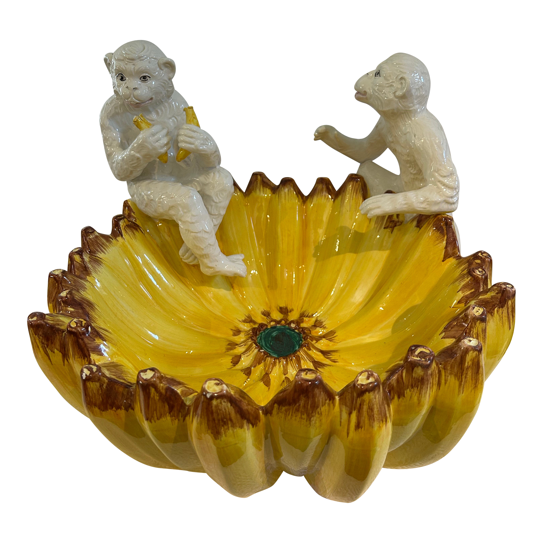 1980's Horchow Italian Majolica Ceramic Monkey and Banana Bowl