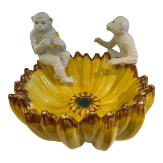 1980’s Horchow Italian Majolica Ceramic Monkey and Banana Bowl For Sale