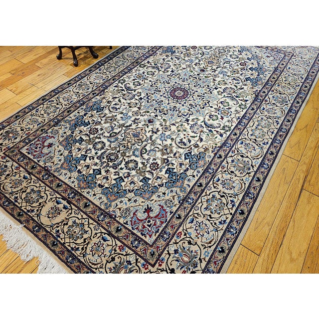 Persian Vintage Persian Nain Area Rug, Hand-Knotted Wool & Silk, Floral Pattern, 7x11, Ivory & Blue For Sale - Image 3 of 12