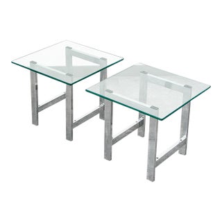 Mid Century Modern End Tables Chrome Glass Square Side Tables Vintage Pair MCM For Sale