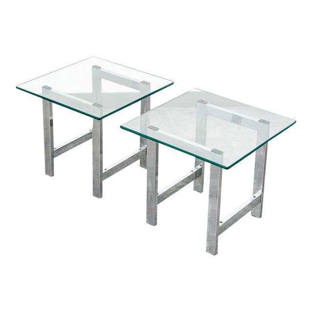 Mid Century Modern End Tables Chrome Glass Square Side Tables Vintage Pair MCM For Sale