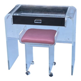 1970s Lucite Charles Hollis Style Vanity Desk & Bench For Sale