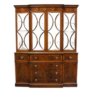 Saginaw Furniture Flame Mahogany Traditional Duncan Phyfe Style 66" Breakfront Secretary China Cabinet W. Bubble Glass For Sale