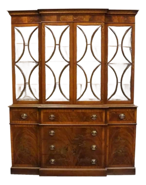 Saginaw Furniture Flame Mahogany Traditional Duncan Phyfe Style 66" Breakfront Secretary China Cabinet W. Bubble Glass