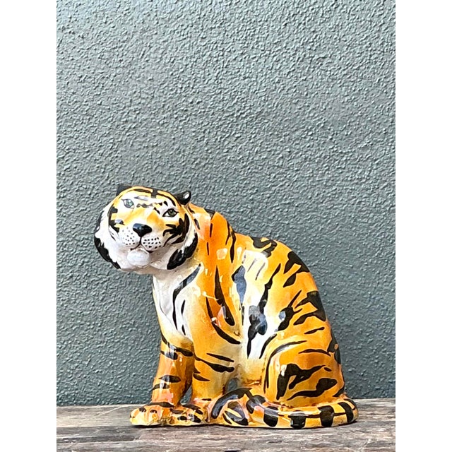 Hollywood Regency Vintage Italian Glazed Ceramic Tiger For Sale - Image 3 of 12