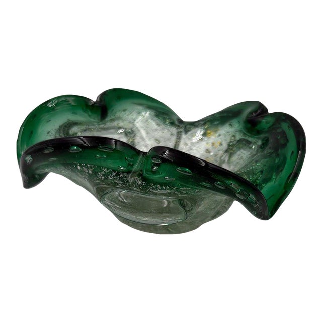 Mid-Century Murano Emerald & Gold Aventurine Bullicante Glass Bowl For Sale