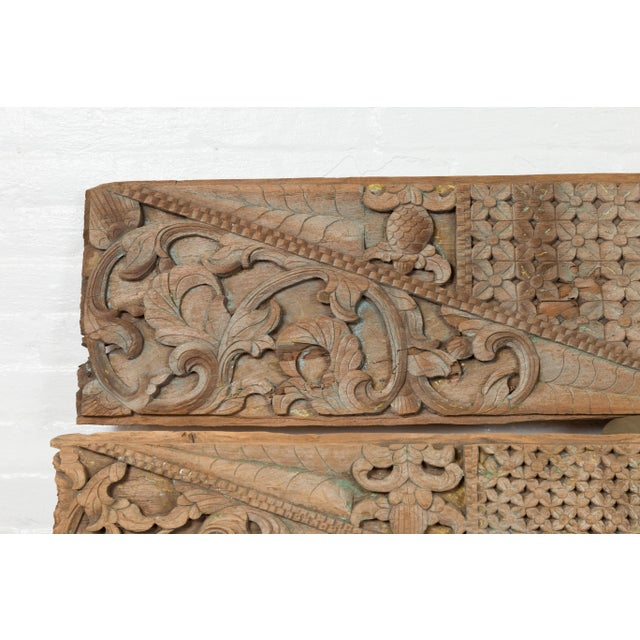 Mid 19th Century Indonesian Carved Wood with Traces of Blue Paint Overdoor Panels - A Pair For Sale - Image 4 of 6