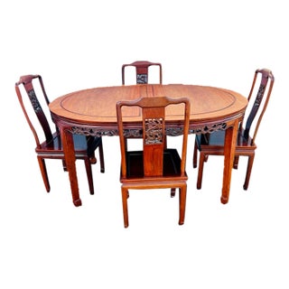 Vintage Chinese Traditional Hand Carved Dragon Design Solid Rosewood Dining Set Table and 4 Chairs For Sale