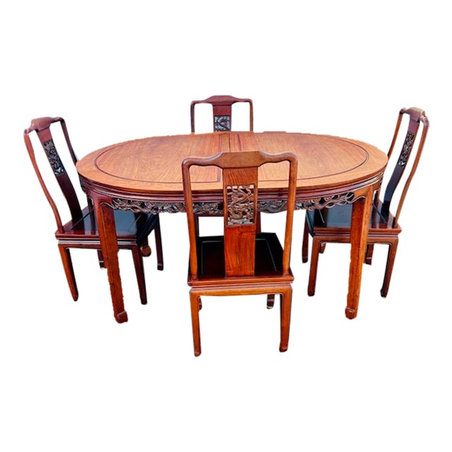 Vintage Chinese Traditional Hand Carved Dragon Design Solid Rosewood Dining Set Table and 4 Chairs For Sale