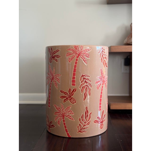 Made Goods Tropical Palm Ceramic Garden Stool in Blush & Red Gloss Glaze Indoor Outdoor Side Table For Sale In Los Angeles - Image 6 of 12