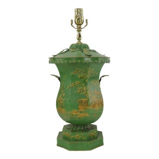 Vintage Handcrafted Forged Iron Green Hand-Painted Gold Chinoiserie Table Lamp. For Sale