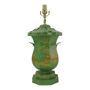 Vintage Handcrafted Forged Iron Green Hand-Painted Gold Chinoiserie Table Lamp.