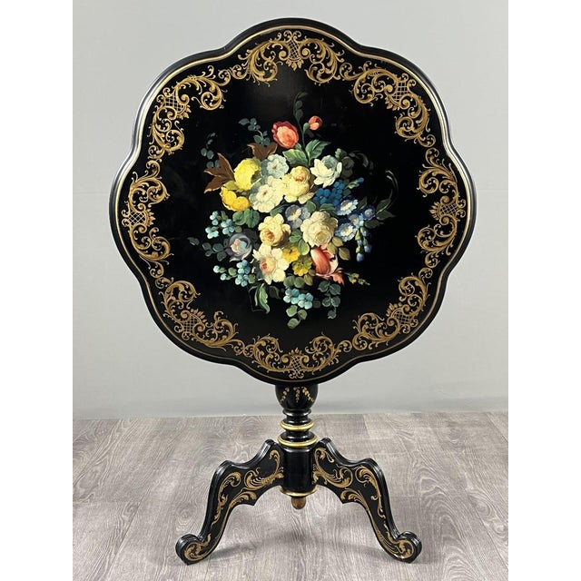 19th Century Napoleon III Lacquered Pedestal Table with Floral Decoration For Sale - Image 12 of 12