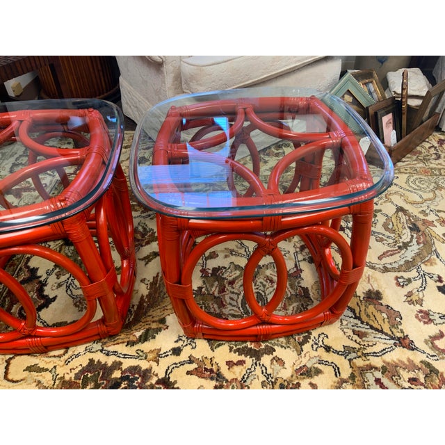 Mid 20th Century Rattan Side Tables With Glass Top For Sale In New York - Image 6 of 10