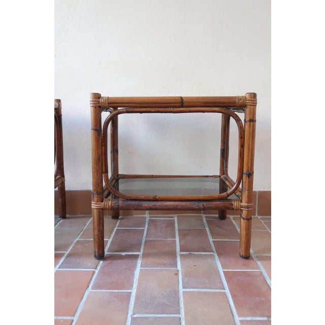 Brown Bamboo and Rattan Bedside Tables with Smoked Glass Tops, 1970s, Set of 2 For Sale - Image 8 of 14