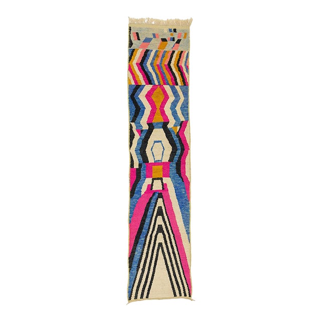 Kaleidoscopic Hand-Knotted Moroccan Wool Runner | 13'6" X 2'10" | One of a Kind For Sale