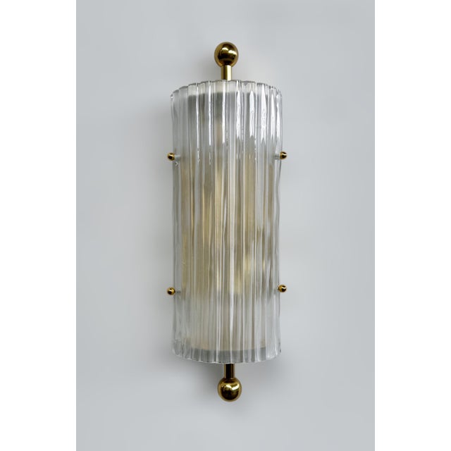Italian wall light or flush mount shown in frosted Murano glass with polished brass details / Designed by Fabio Bergomi...