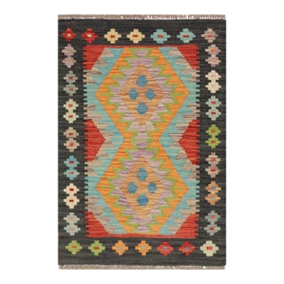 Retro Turkish Kilim Black Hand-Woven Wool Rug For Sale