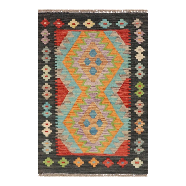 Retro Turkish Kilim Black Hand-Woven Wool Rug For Sale