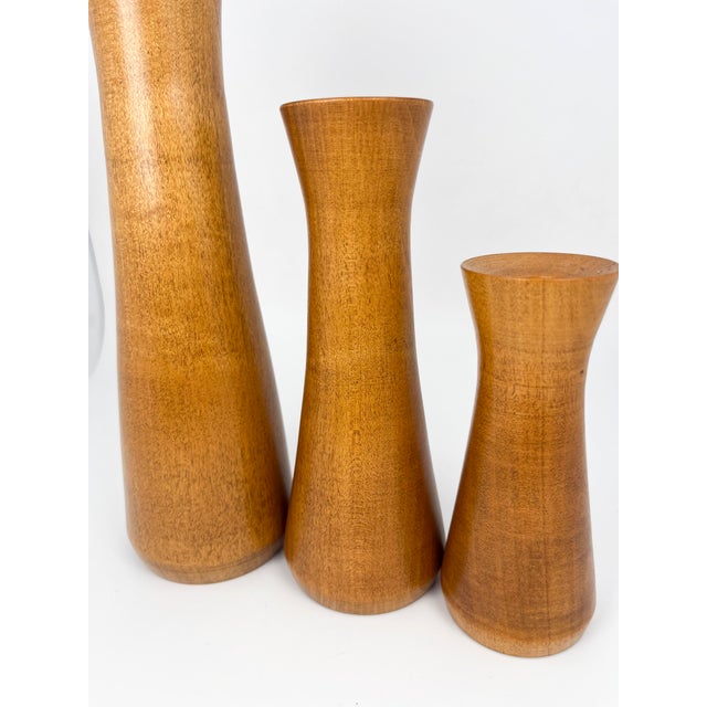 Vintage MCM Set of 3 Turned Wood Tapered Candle Holders For Sale - Image 4 of 8