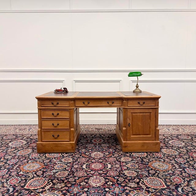 About this Classic English Teak Desk with Brown Leather Classic and Elegant | Antique desks in English, Classic and...