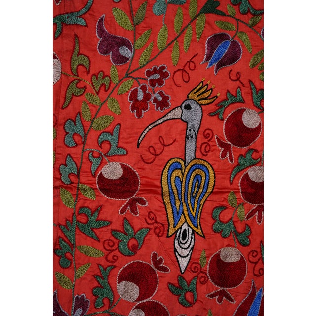 Red & Blue Uzbek Suzani Wall Hanging – Pomegranate Tree and Bird Embroidered Textile 3'4'' X 6'1'' For Sale - Image 11 of 12