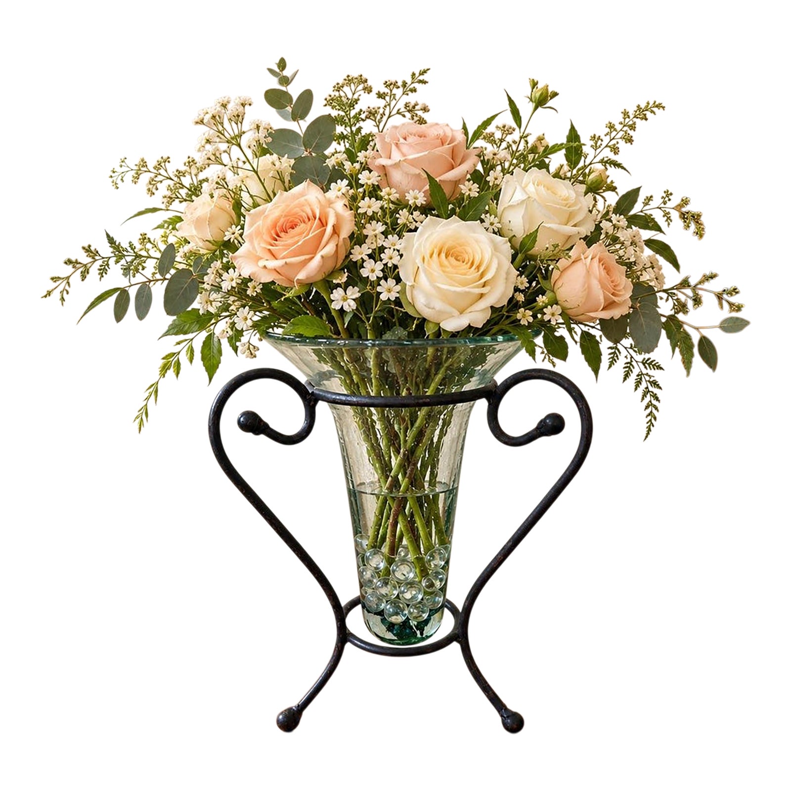 Mexican Glass Vase With Black Scroll Metal Stand, Green Tinted Trumpet ...