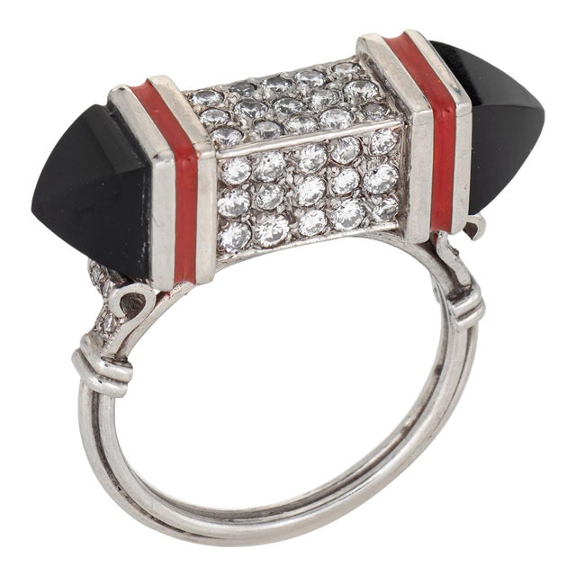 70s Vintage Diamond Cube Ring Onyx Enamel Sz 7 Platinum Fine Estate Jewelry For Sale