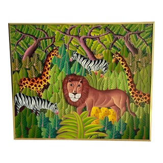 Signed 1986 Henri Filsaimond Haitian Jungle Painting – Lion, Zebra & Giraffe Naïve Folk Art, Framed For Sale
