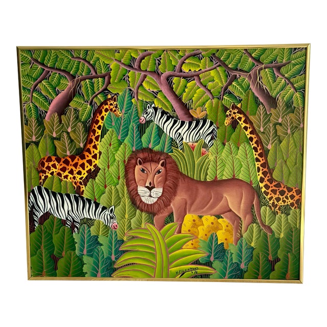 Signed 1986 Henri Filsaimond Haitian Jungle Painting – Lion, Zebra & Giraffe Naïve Folk Art, Framed For Sale