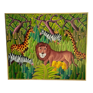 Signed 1986 Henri Filsaimond Haitian Jungle Painting – Lion, Zebra & Giraffe Naïve Folk Art, Framed