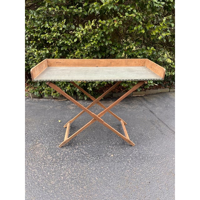 Rustic Zinc Lined Bleached Garden Table Bar Tray on Stand, One of a Kind For Sale - Image 12 of 12