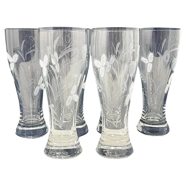 Large Engraved Beer Glasses with Wheat and Fruit Pattern, 1950s, Set of 6 For Sale