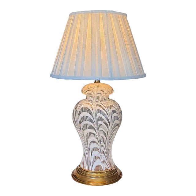 Vintage Handblown Art Glass Table Lamp With Pleated Linen Shade For Sale
