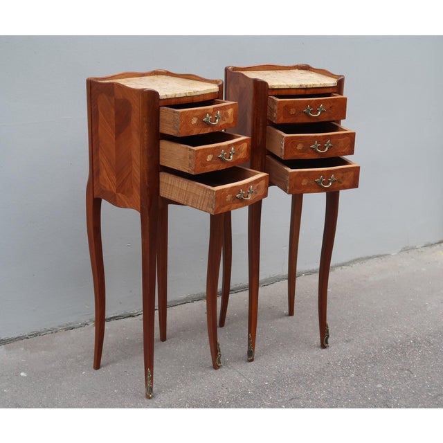 Wood Pair of French Antique Narrow Rosewood Inlaid Side Tables Nightstands For Sale - Image 7 of 13