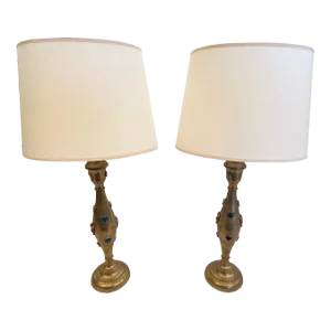 Jeweled Brass Lamps With Colored Semiprecious Stones -A Pair