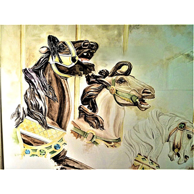 Modern 1980s Hershey Park Carousel Horses, Original Watercolor Painting, Nancy Strailey Original, Beautifully Framed (44x32.5) For Sale - Image 3 of 8