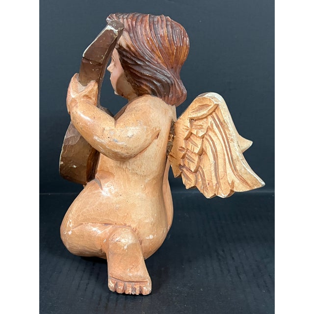 Vintage Hand Carved Wooden Cherub Angel Glass Eyes and Playing a Mandolin Sculpture For Sale In New York - Image 6 of 7