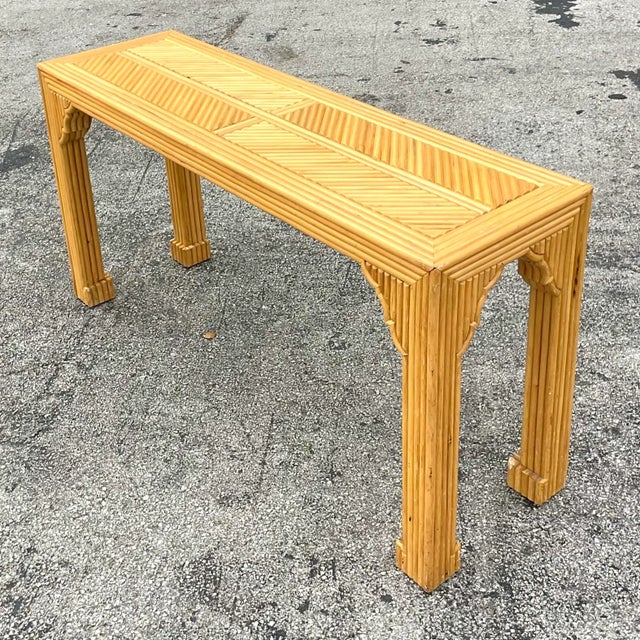 Late 20th Century Vintage Coastal Pretzel Rattan Chevron Ming Console Table For Sale In West Palm - Image 6 of 11