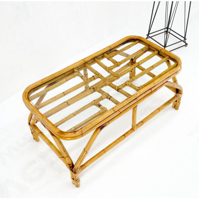 Rattan Bamboo Rectangle Glass Top Mid-Century Modern Coffee Table Mnt! For Sale - Image 6 of 12